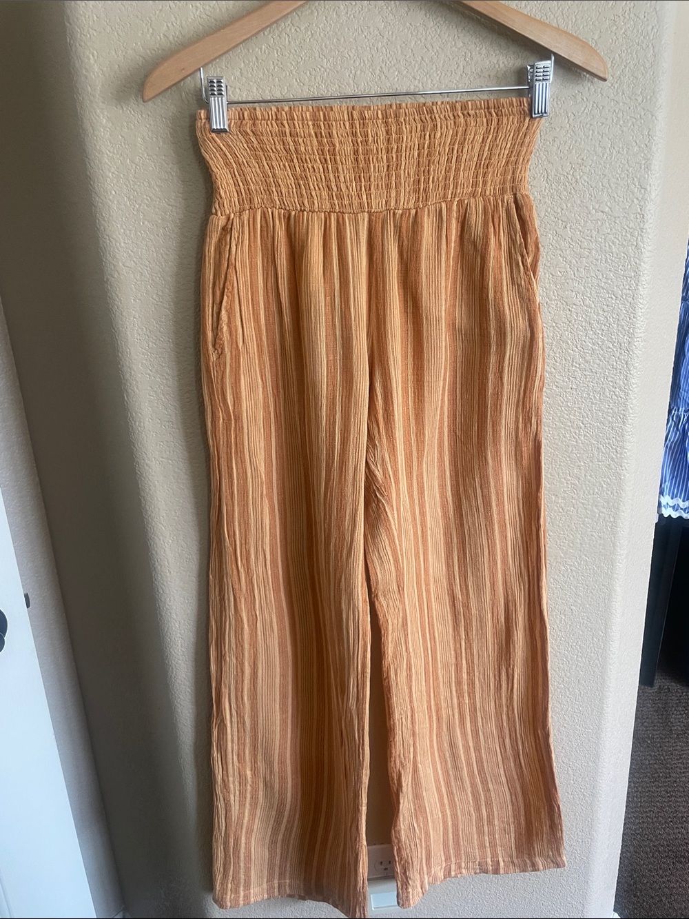 Billabong New Wave 2 Smocked Waist Wide-Leg Stripped Pants in Light Orange SizeM